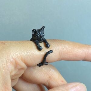 Unisex silver black cat open ring, Animal Bohemian Chunky Punk ring, Gift